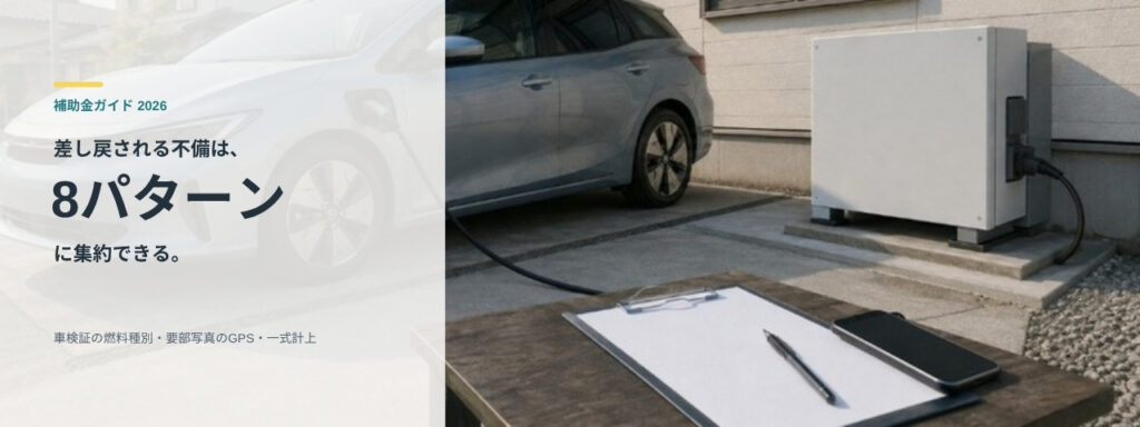 戸建て住宅の駐車スペースのV2H充放電設備と電気自動車、手前に申請書類のクリップボード