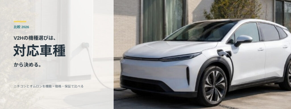 住宅の駐車スペースでV2H機器につながれた白い電気自動車と、対応車種で機種を決めるという見出し