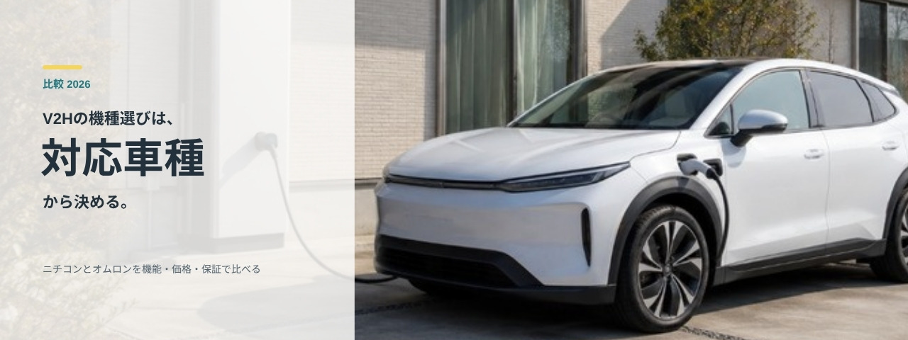 住宅の駐車スペースでV2H機器につながれた白い電気自動車と、対応車種で機種を決めるという見出し