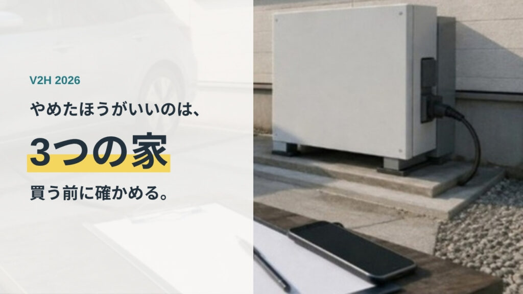 住宅の駐車場に設置されたV2H機器と電気自動車。やめたほうがいいのは3つの家という記事のアイキャッチ