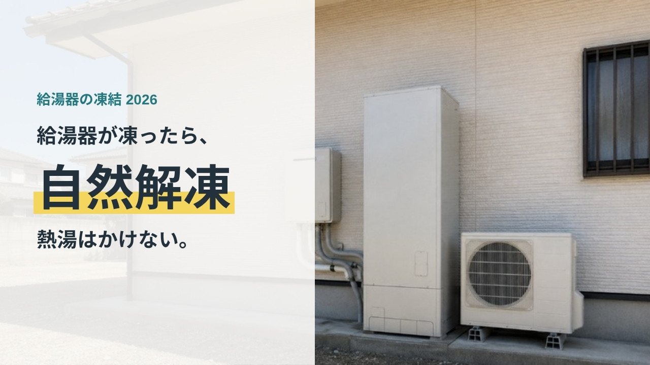 給湯器が凍ったら自然解凍、熱湯はかけないことを示すアイキャッチ(住宅の外壁沿いの給湯機器)
