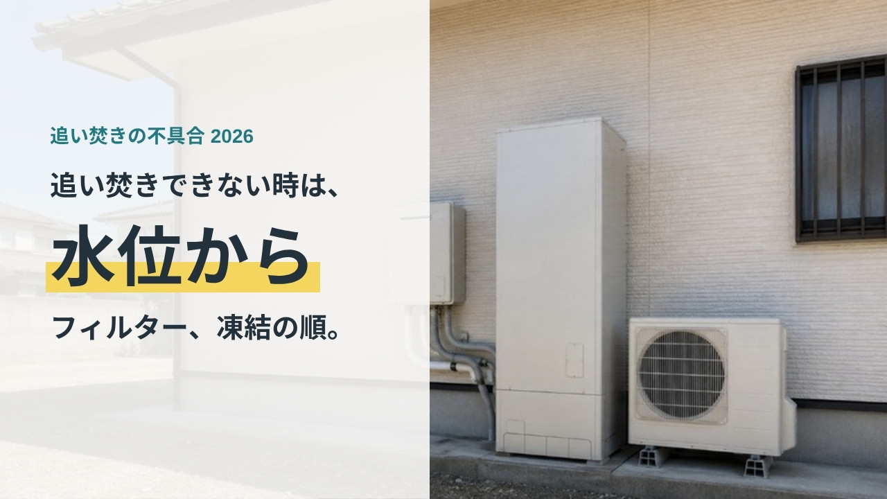 追い焚きができないときは水位から確かめる、と書かれたアイキャッチ。外壁に設置された給湯器の写真